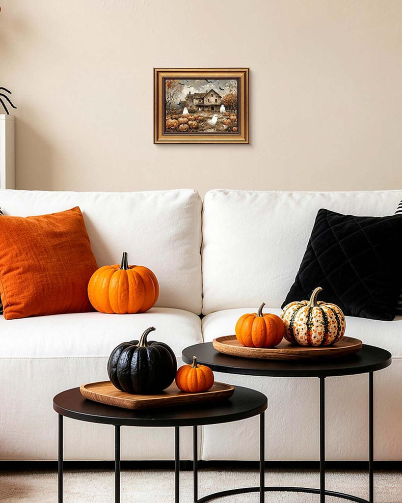 Vintage Framed Cute Ghost Pumpkin Patch Wall Art, Ghost Halloween Print