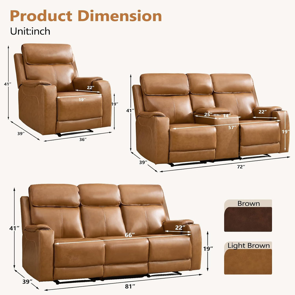 3-Piece Top Grain Leather Electric Recliner Sofa Set, Included Dual Motor Recliner with Power Headrest, Loveseat with