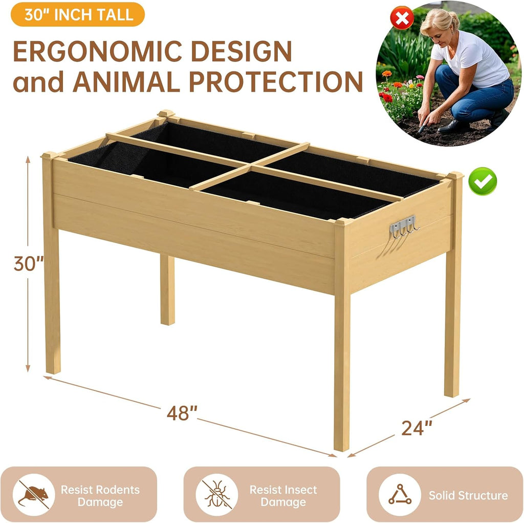 Raised Garden Bed Outdoor, 48 x 24 x 30 Inch Elevated Wooden Garden Bed with Legs and Liner, Raised Beds for