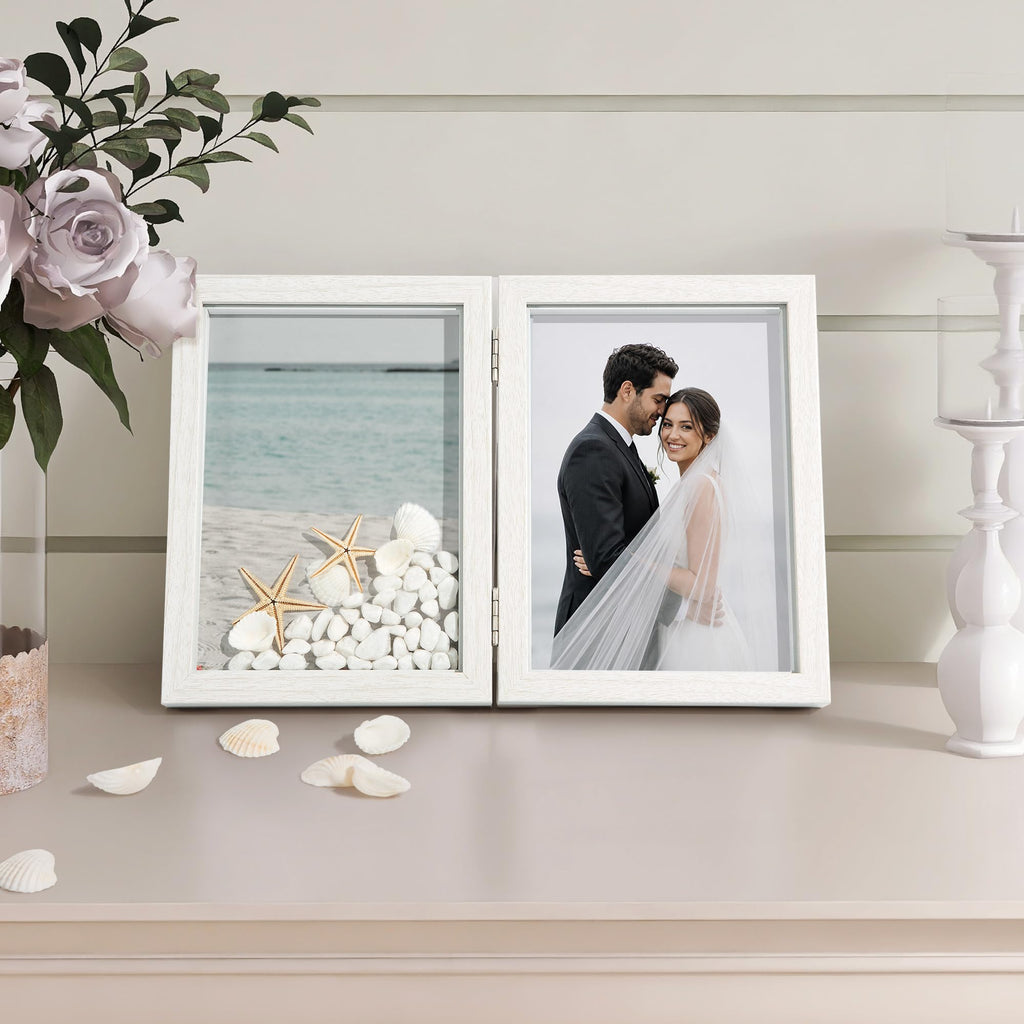 5x7 Double Picture Frame 5 by 7 White Hinged Photo Frames for Desk