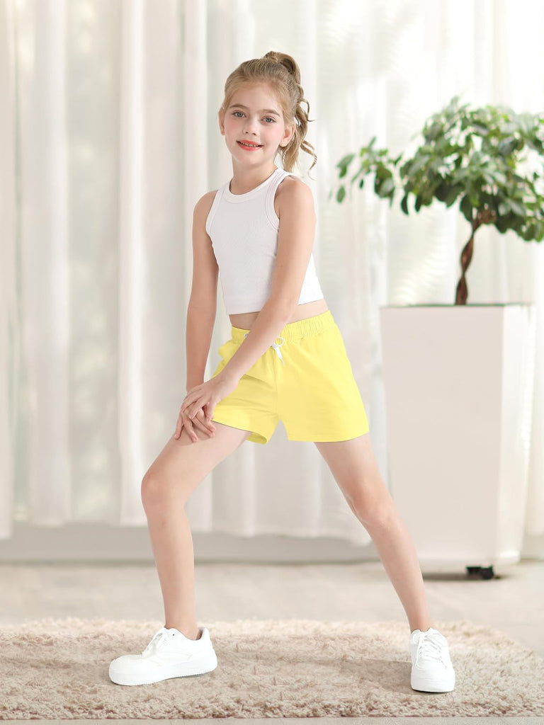 5 Pack Girls Athletic Shorts Active Performance Shorts Kids Summer Sports Running Yoga Short with Drawstring