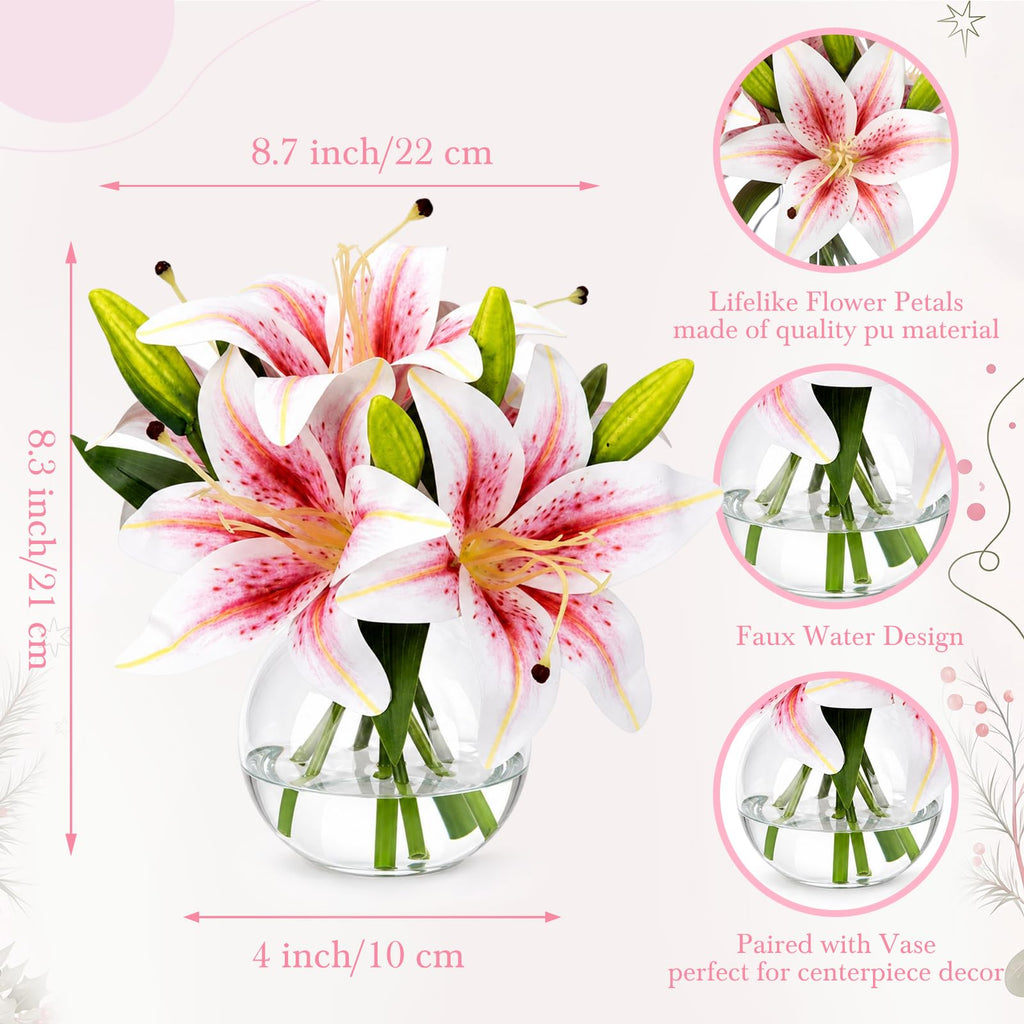 2 Pack Pink Lily Faux Flowers in Vase, Silk Lily with Faux Water