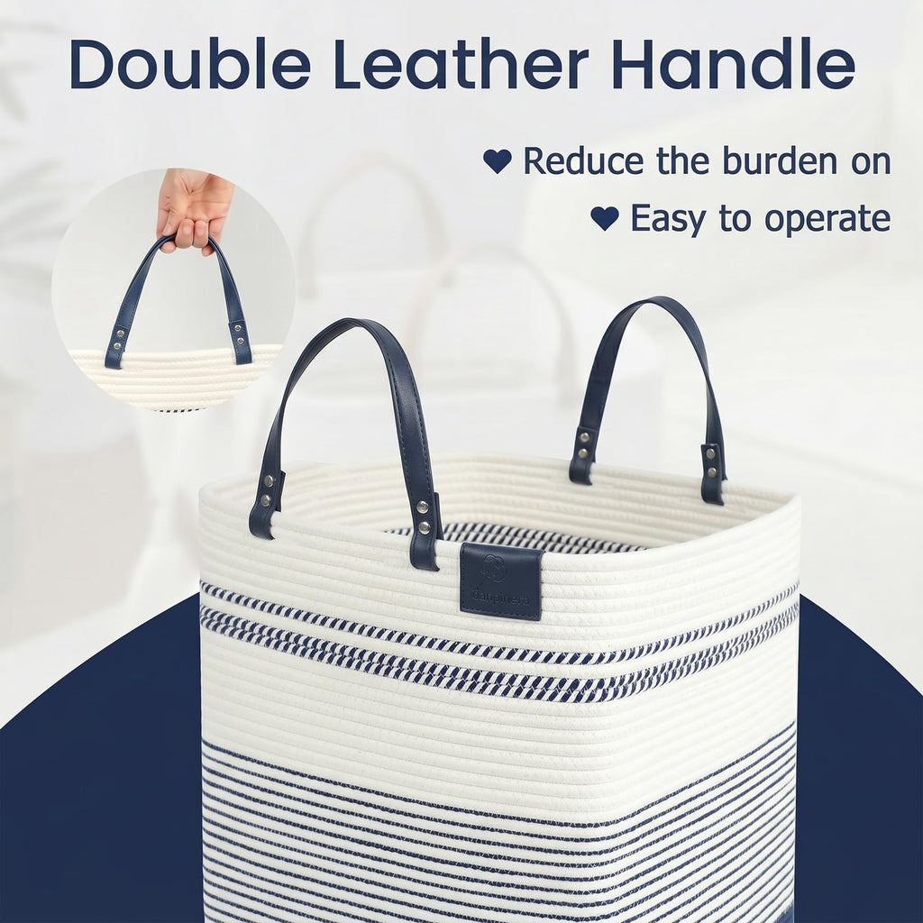 75L Woven Laundry Hamper with Long Leather Handles, Baby Laundry Basket , Tall Hampers Aesthetic, Decorative Clothes