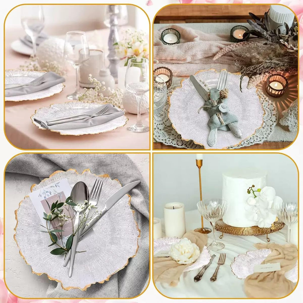 100Pcs Clear Charger Plates & Commercial Party Use 12.6in Plastic Dinner Charger Plates with Gold Beaded Rim for