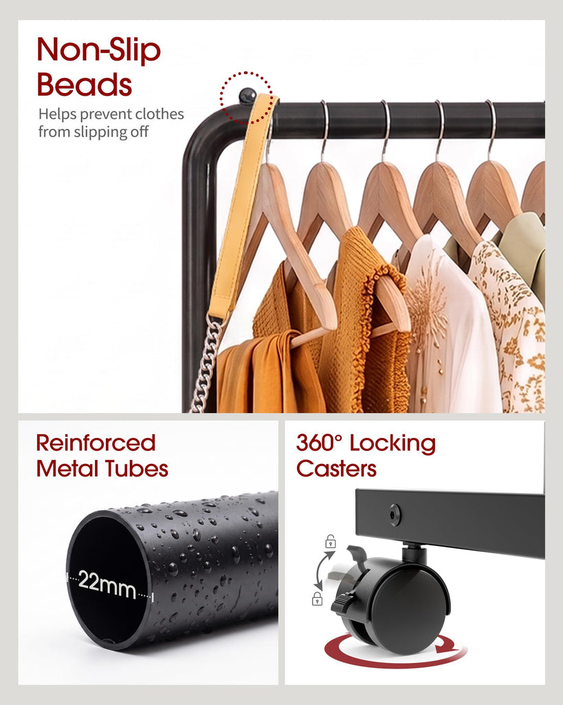 Clothes Rack - Clothing Rack with Storage Mesh Shelf & Casters, Heavy-Duty Metal Clothing Rack for Hanging Clothes