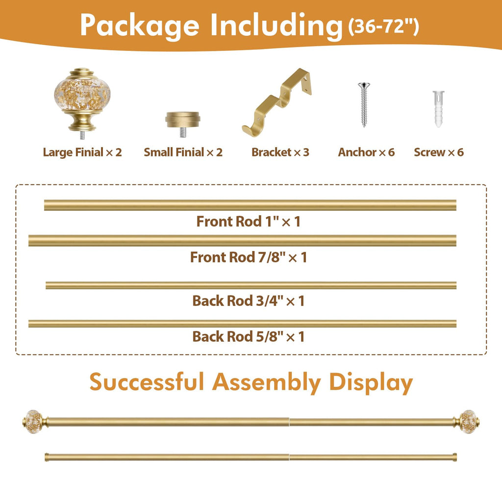 Double Curtain Rods for Windows 36 to 72, Luxury Gold, 1 Inch