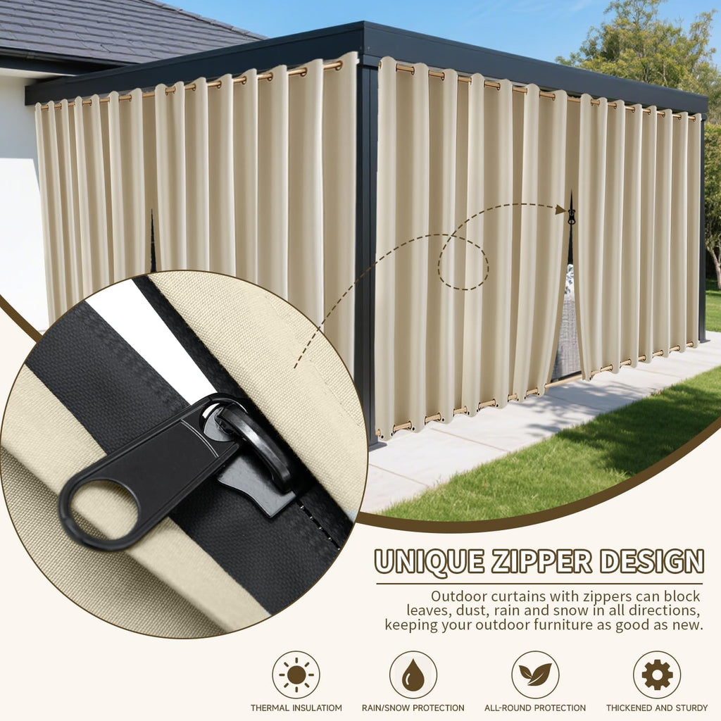 Outdoor Curtains Waterproof, Zipper Design 2 Panels Privacy Weatherproof Blackout Curtain Top & Bottom Grommet