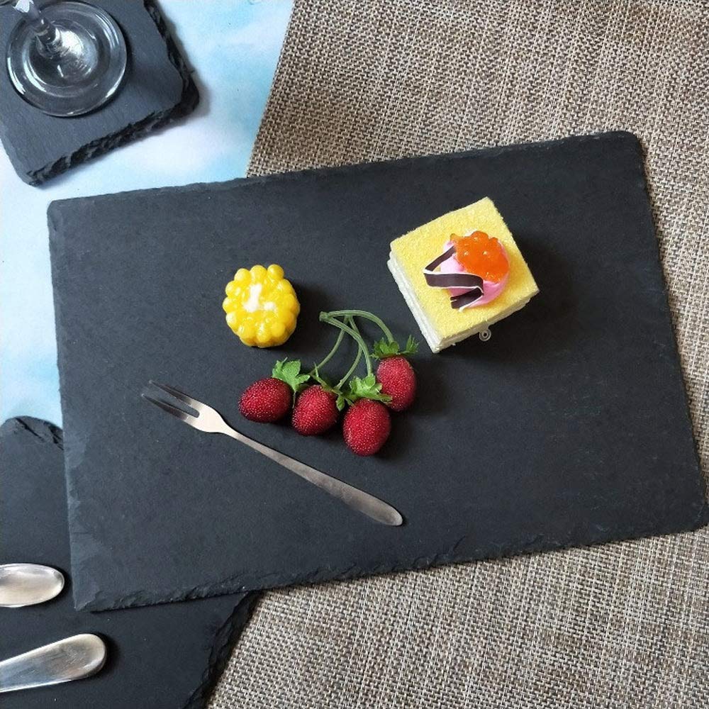 4 Pack 12 x 8 Black Slate Cheese Board with Natural Edge Dining Party, Charcuterie Stone Plates for Cake Fruit Meat