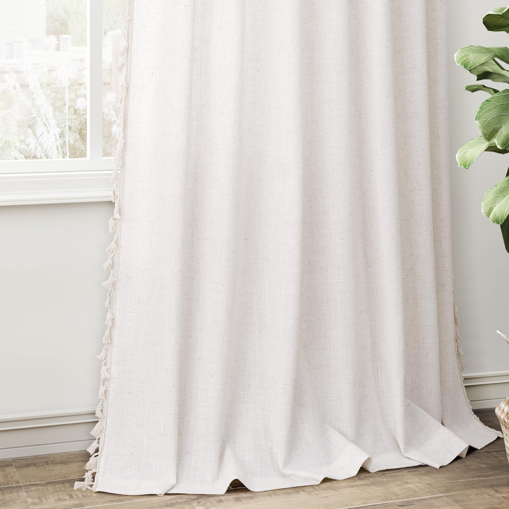 Natural Boho Linen Curtains 84 Inches Long 2 Panels Cream Beige Semi Sheer Curtain Tassel Rod Pocket Back Tab Light