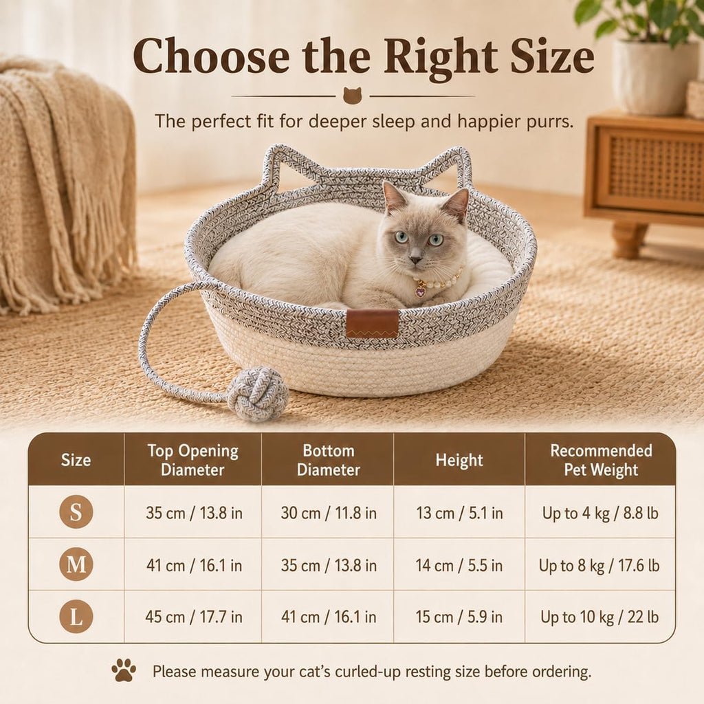 Instinct Basket for Cats, Handwoven Cotton Rope Cat Basket Bed with Toy Ball and Cat Ear Handles, Scratchable