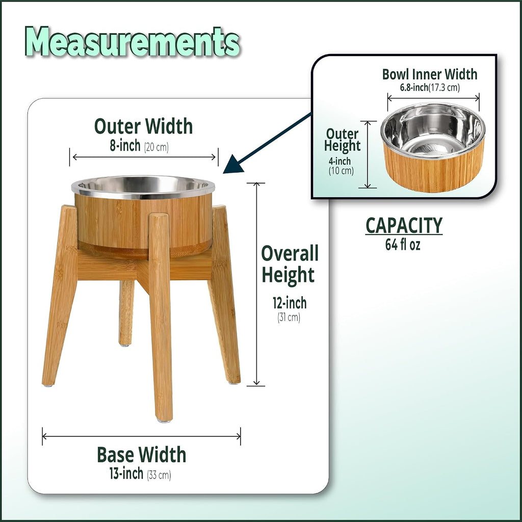 Elevated Dog Bowl for Mid-Large Dogs, 12-Inch Bamboo Stand, 64-oz