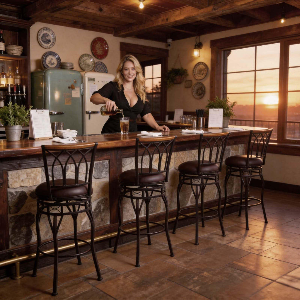 Farmhouse Swivel Bar Stools with Backs Set of 4, Adjustable 25"/30" Industrial Counter & Bar Chairs with Brown PU