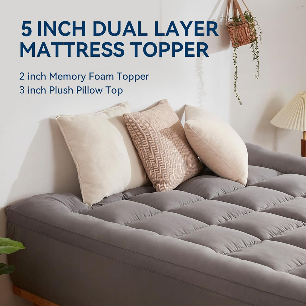 Dual Layer 5 Inch Memory Foam Mattress Topper Queen Size, 2 Inch Gel Memory Foam Plus 3 Inch 1450 GSM Down