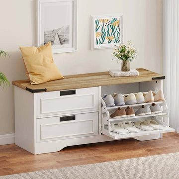 Shoe Storage Bench, Entryway Bench with Flip Drawer, Wooden Entry Way Shoe Cabinet Hallway (Rustic Oak+White Oak)