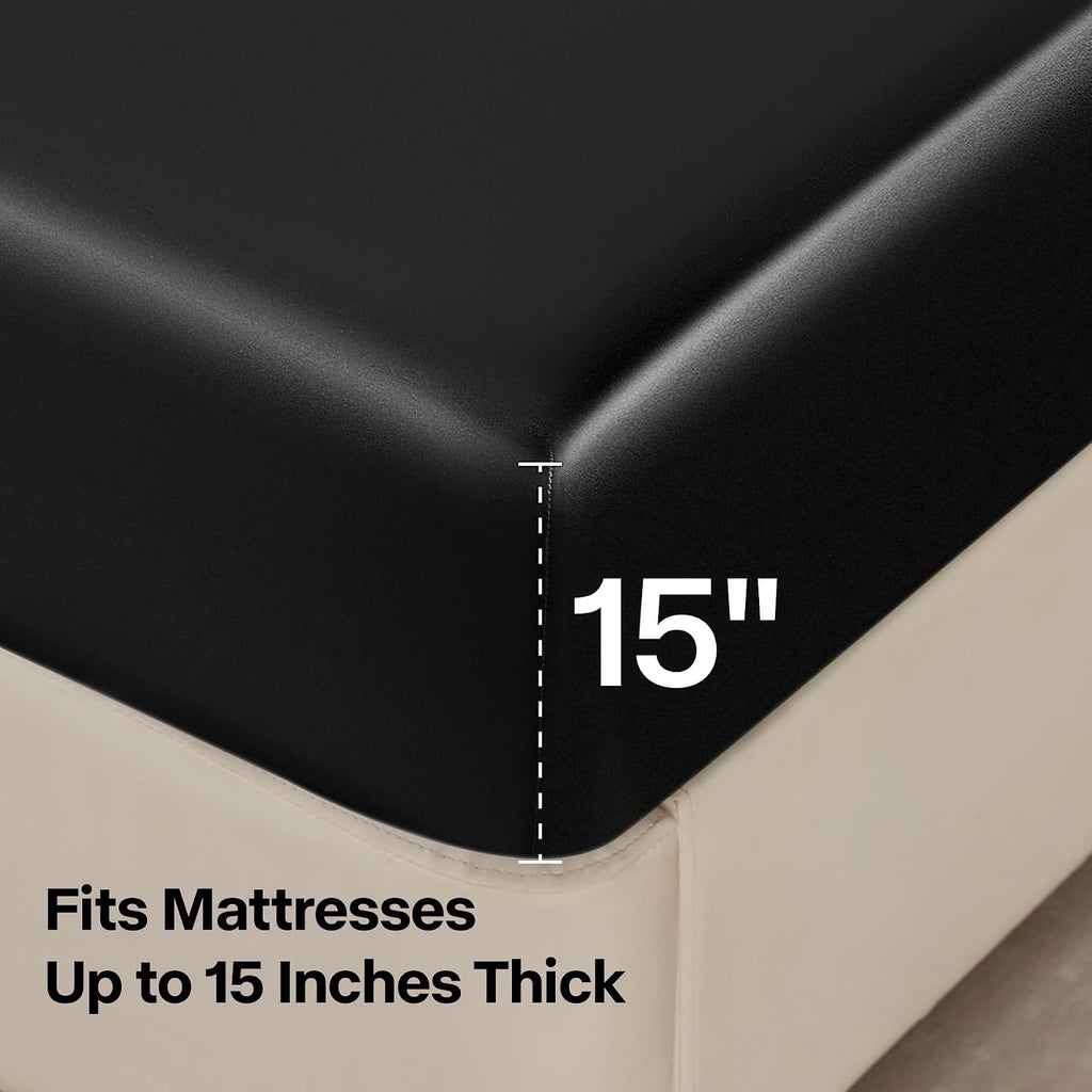 King Sheets Set, Luxury Soft Black Satin Sheets for Hair and Skin, Similar to Silk Bed Sheets Set 4 Pieces with 1