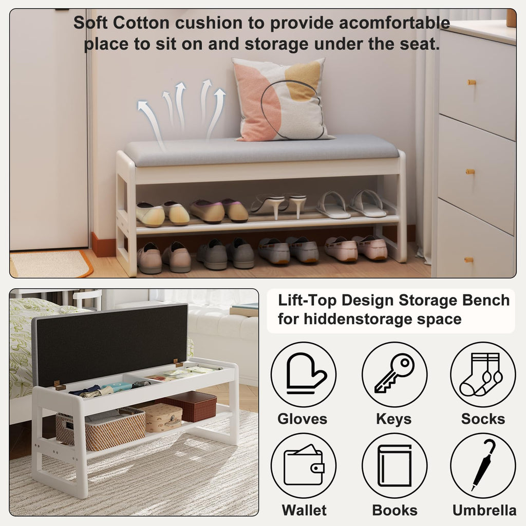 Shoe Bench with Storage, Wooden 2 Tiers with Flip-Top, White, 39.3"