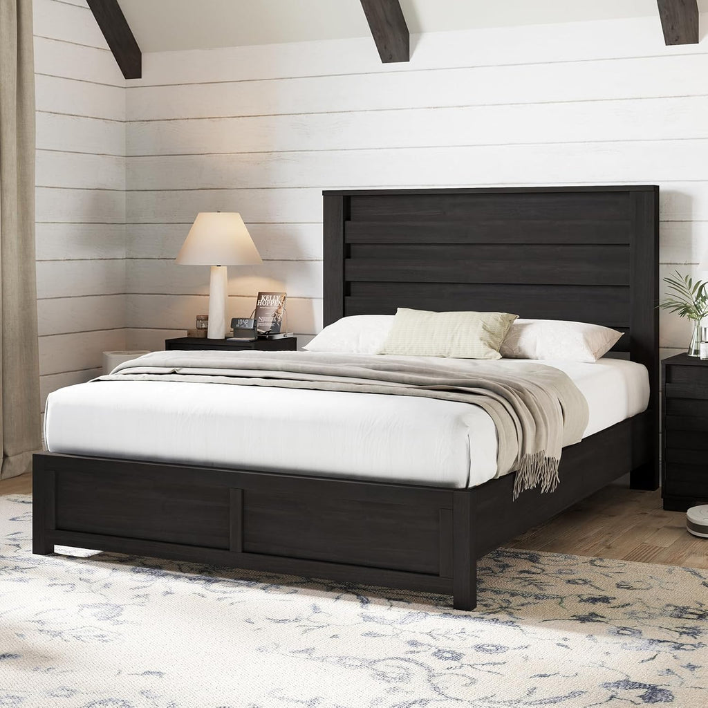 Farmhouse Queen Bed Frame with 49" Tall Headboard, Platform Bed with Natural Wood Grain, No Box Spring Needed/Noise