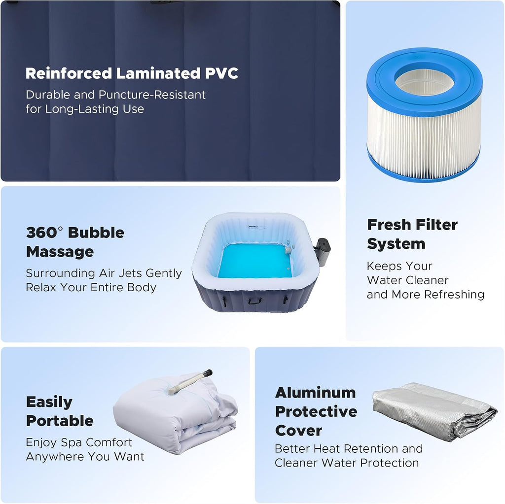 6ft Inflatable Hot Tub, 4-Person Outdoor Spa with 94 Air Jets & Heater | Square 40 °C Powerful Heating & Soothing