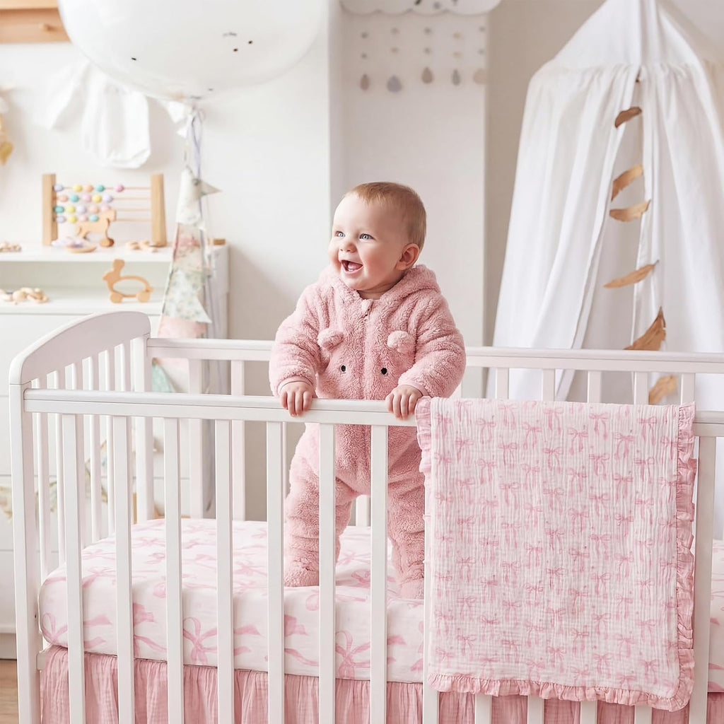 Pink Bow Crib Bedding Set of3 with Sheet Quilt Bed Skirt