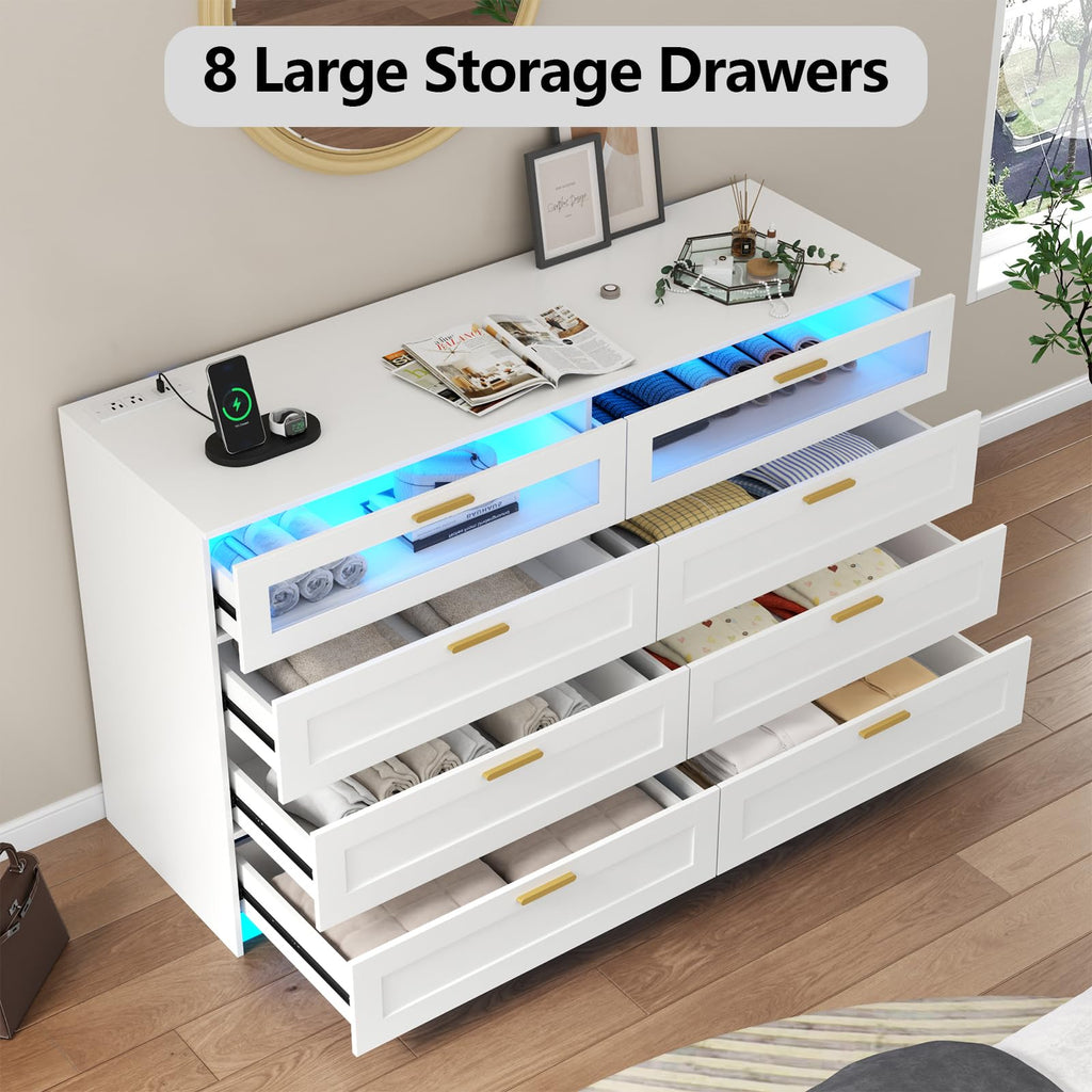 8 Drawers Dresser with Charging Station, Dresser with LED Light