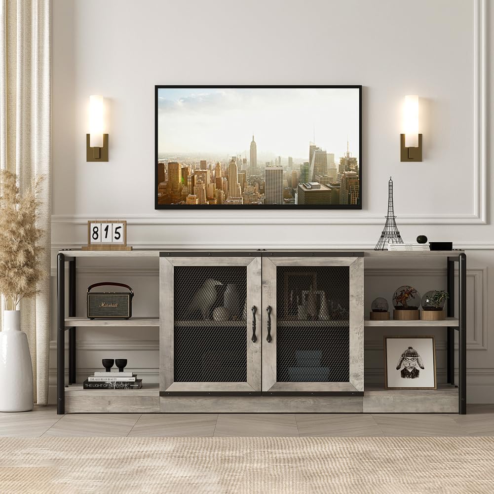 TV Stand for 65 inches TVs, Farmhouse Entertainment Center with Storage Cabinet and Mesh Doors, Industrial TV Media