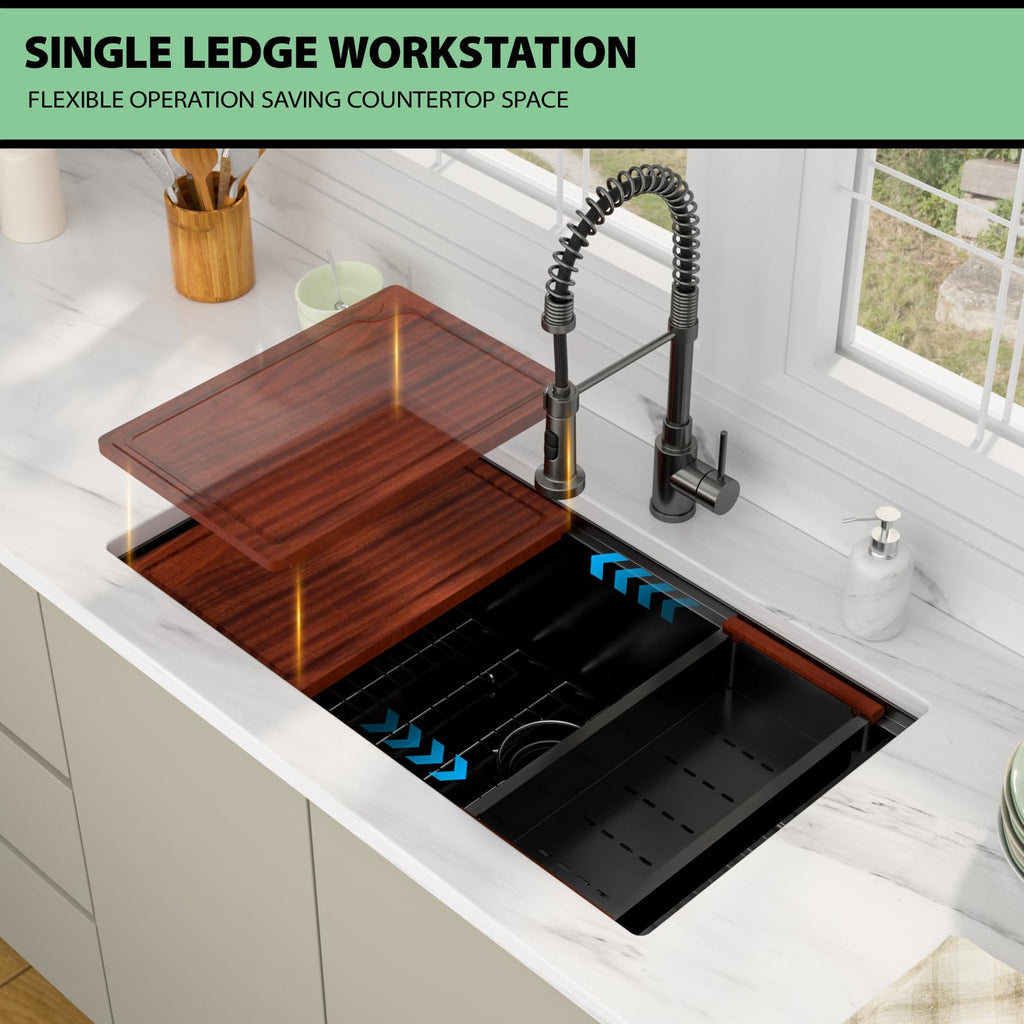 33 Inch Matte Black Undermount Kitchen Sink Workstation