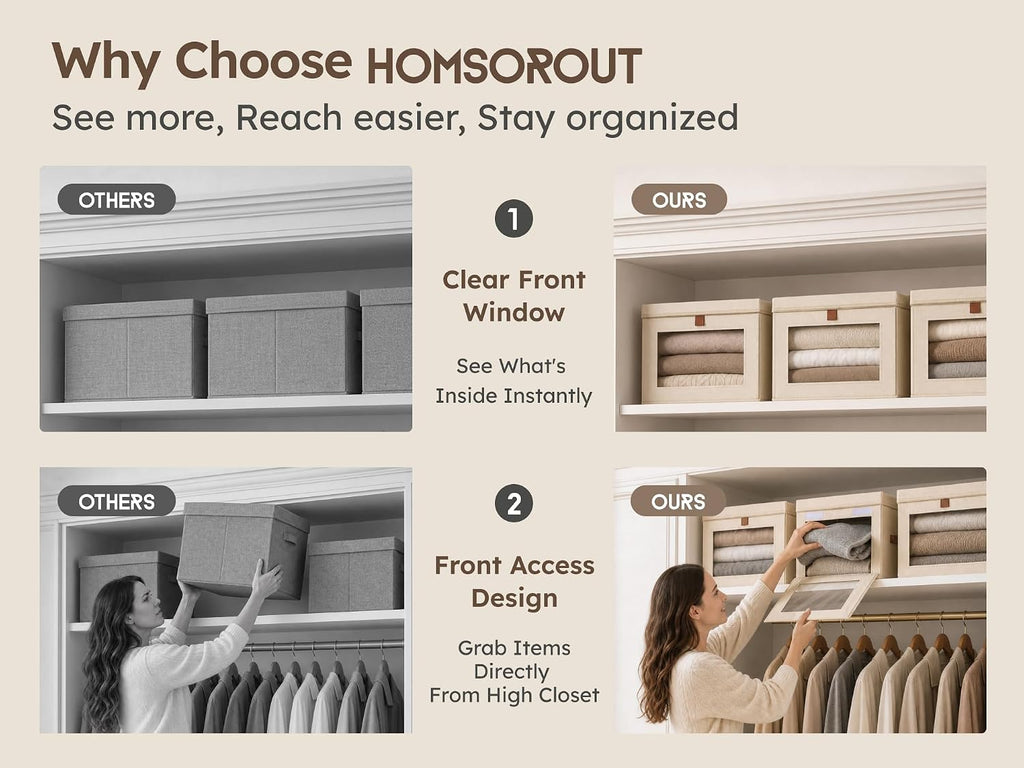 Large Closet Storage Organizer - Clothes Storage Bins with Handles & Window, Collapsible Decorative Boxes with Lids