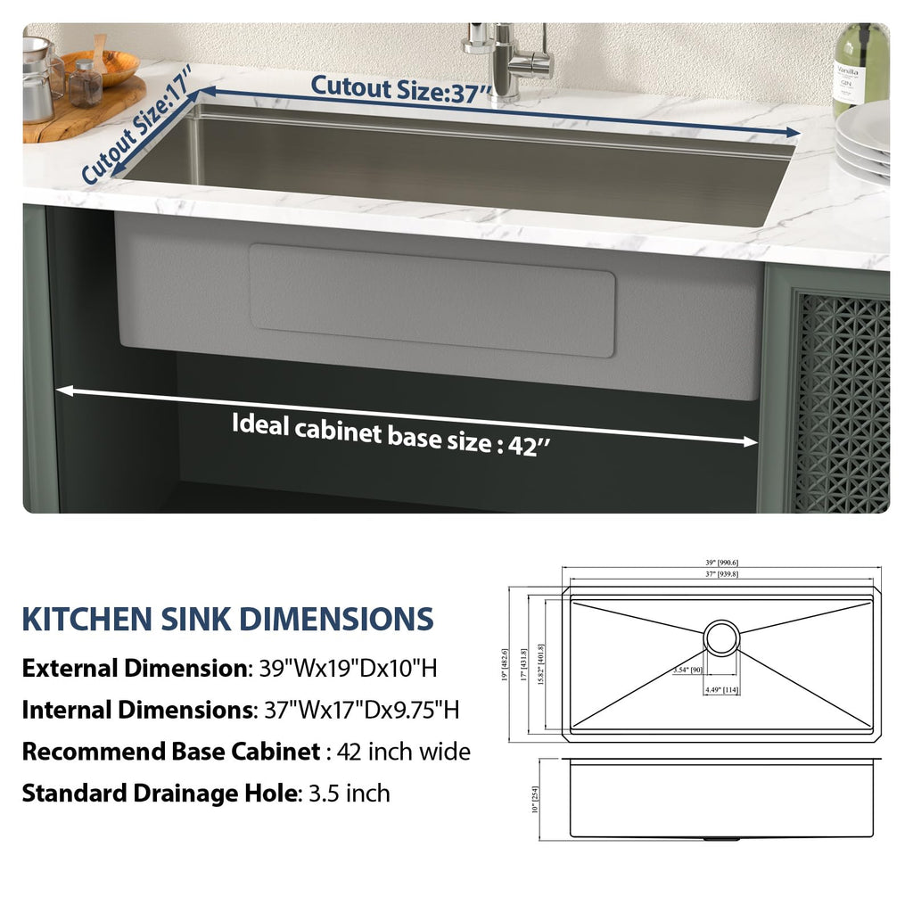 39 Inch Undermount Kitchen Sink Workstation Large Single Bowl Under Counter Kitchen Sink T304 16 Gauge Stainless