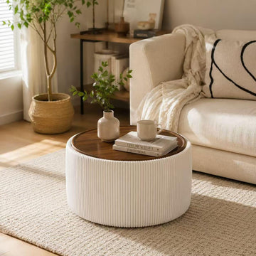 28" Round Storage Ottoman, Ottoman Coffee Table with Tray, Corduroy | Modern Ottomans with Storage with Anti-Slip