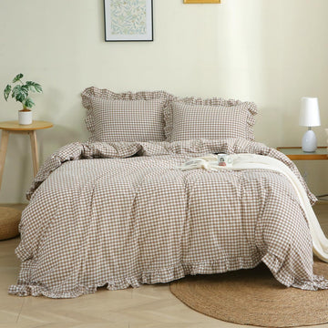 Taupe/White Plaid Ruffle Duvet Cover King,100% Washed Cotton 3 Pcs Vintage Checkered Chic Gingham Bedding Set