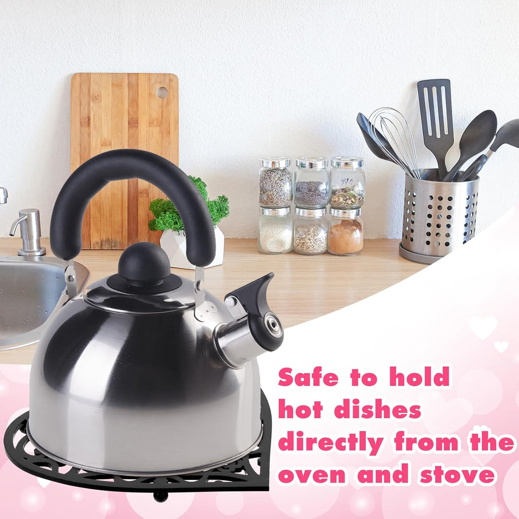 Heart Cast Iron Trivet for Hot Dishes Vintage Design, Black - Set of 3