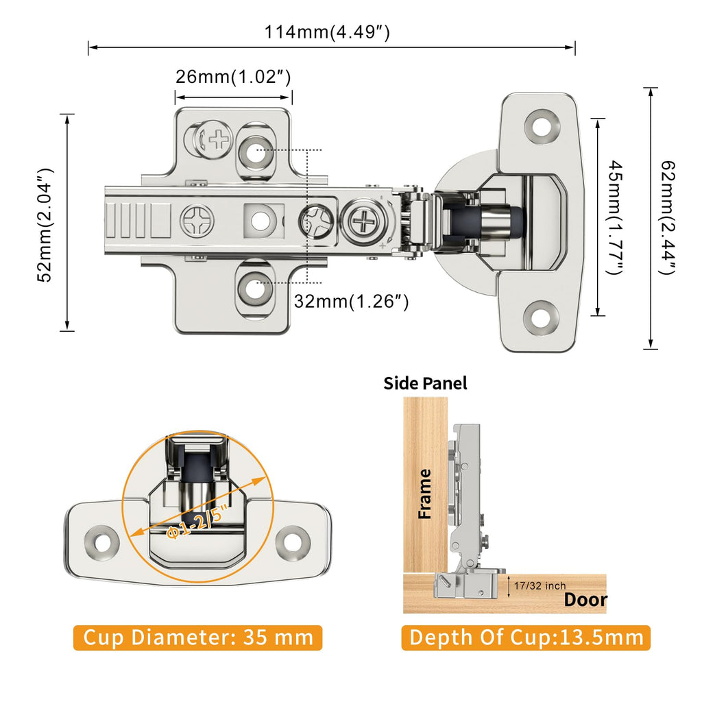 10 Pack Frameless Full Overlay Soft Close Concealed European Hinges, Self Closing Satin Nickel, 105 ° Open Angle 4D