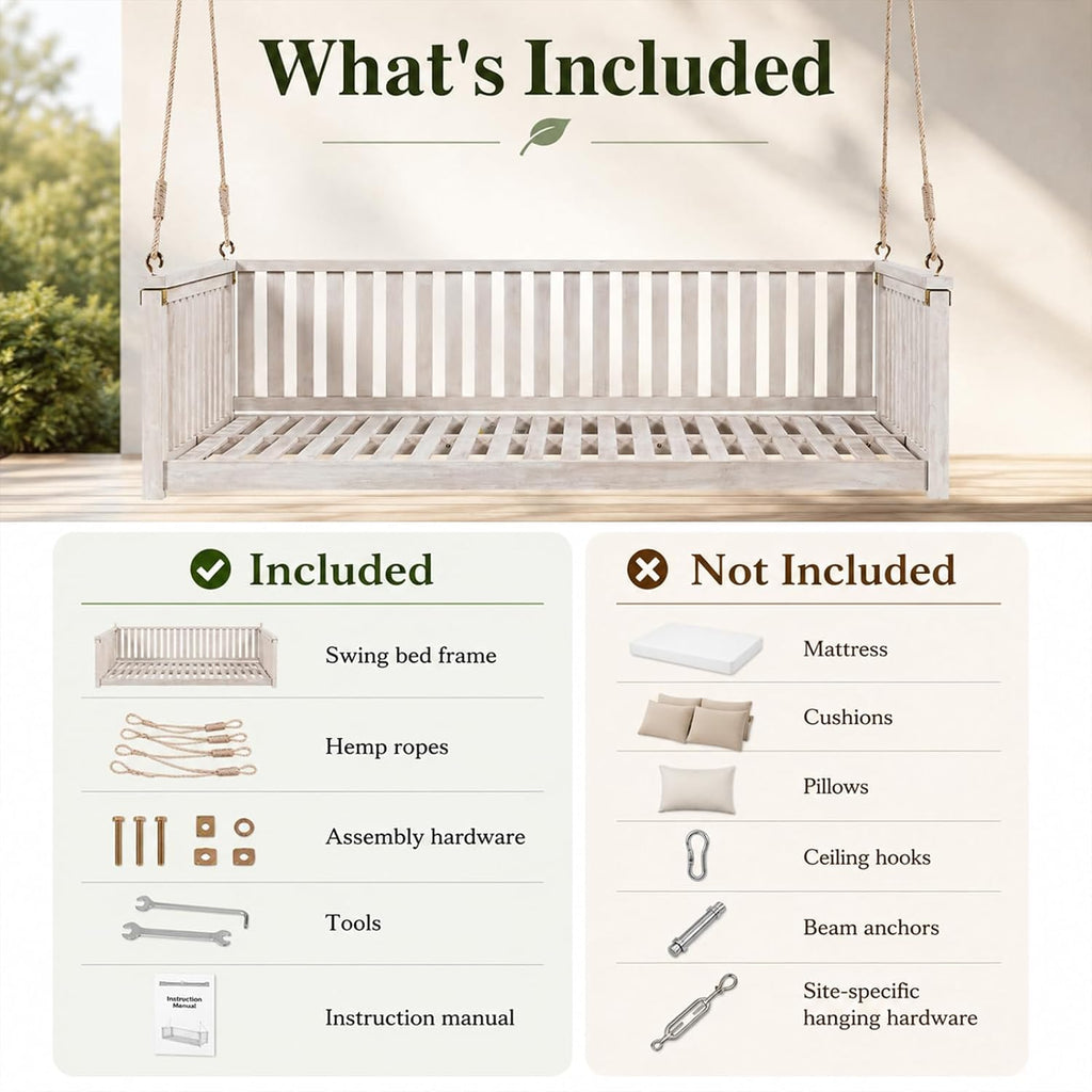 Outdoor Porch Swing Bed, Twin Size Acacia Wood Hanging Daybed with Hemp Ropes, Minimalist Patio Swing Bed for Garden