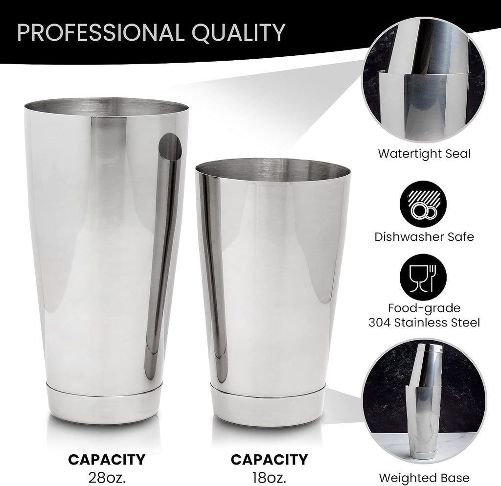 Professional Bartending Set for Shaken and Stirred Drinks: Boston Cocktail Shaker, Hawthorne Strainer, Japanese - Set of 6