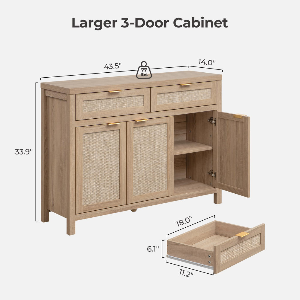 Rattan Sideboard Buffet Cabinet with Storage, Boho Credenza Accent