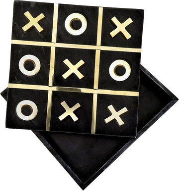Leza Tic Tac Toe Game Set, Black Marble with Gold Inlay, 12 Inch