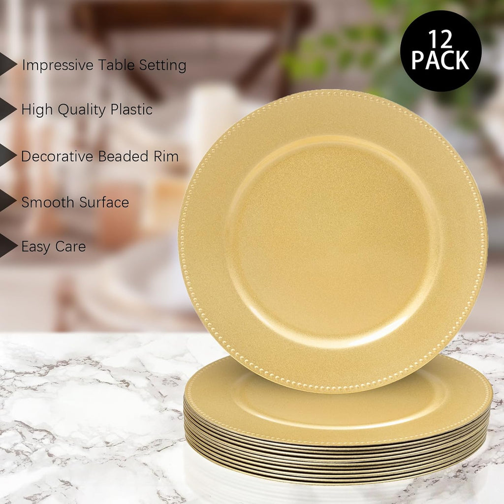 Gold Charger Plates, Round Plate Chargers with Beaded Rim - Set of 12