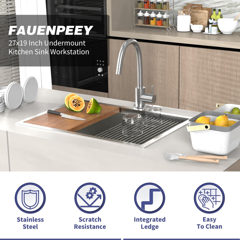 27x19 Inch Stainless Steel Kitchen Sink Workstation, Undermount, Single Bowl