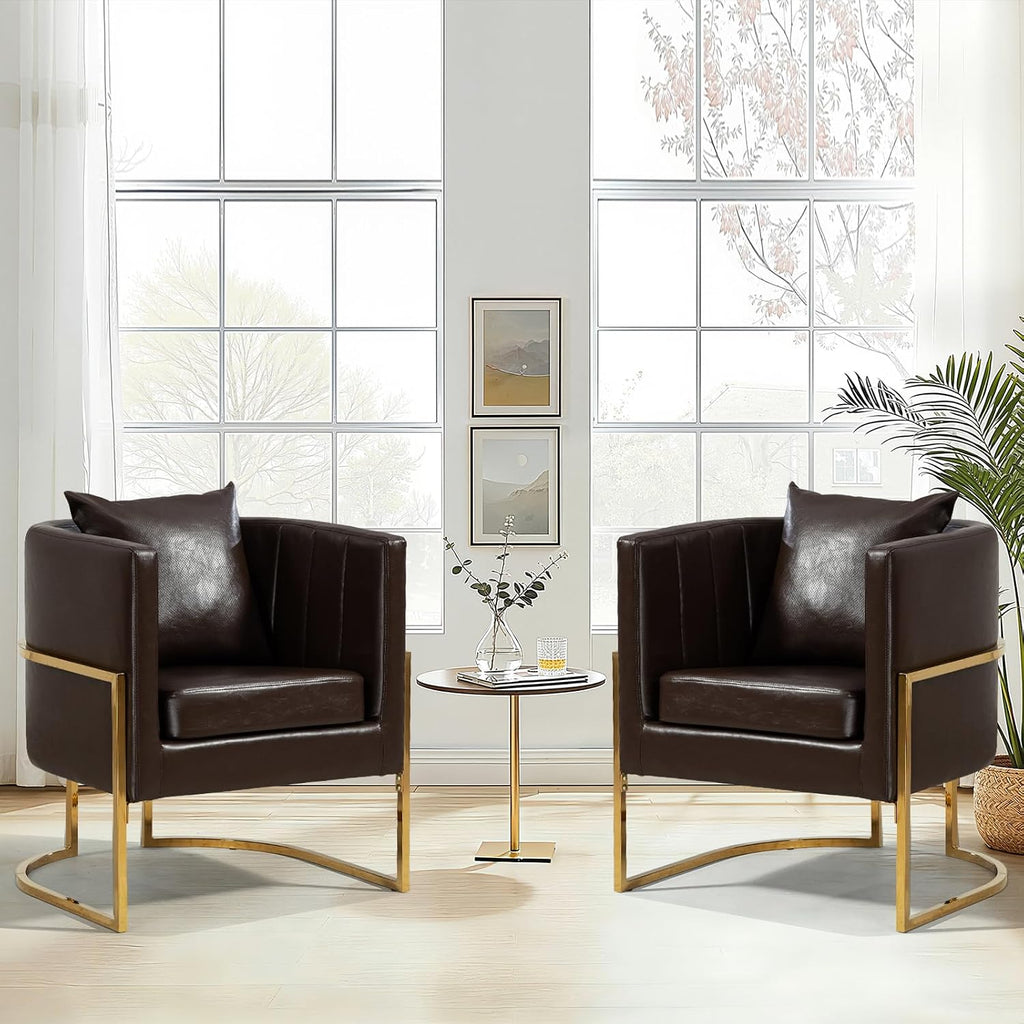 Modern Leather Accent Chair, Mid Century Upholstered Barrel Armchair with Pillow, Comfy Single Vanity Chair