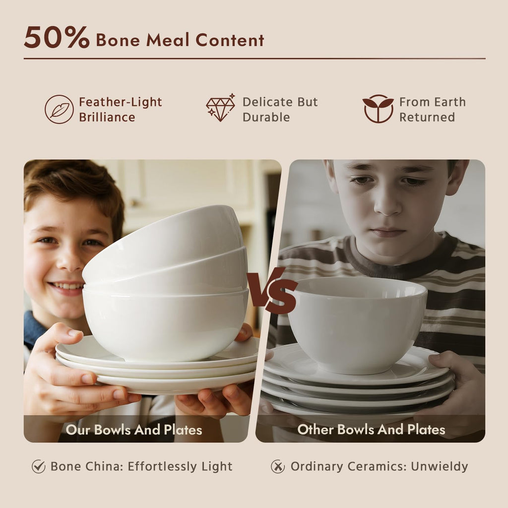 Bone China Dinnerware Set for 6, 18-Piece Plates and Bowls Set