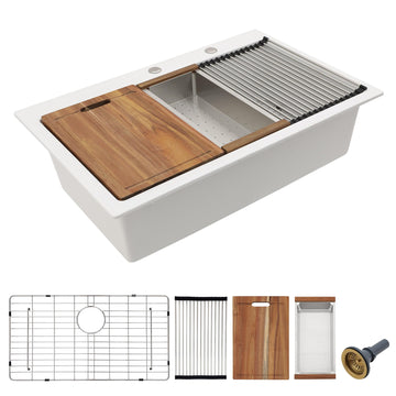33 Granite Composite Kitchen Sink - 33"x22" Granite Kitchen Sink White Ledge Workstation Drop-In Topmount Quartz