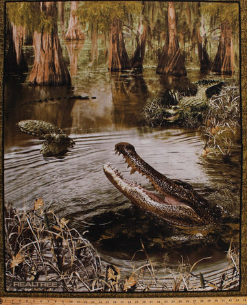 36" X 44" Panel Realtree Alligators Crocodiles Reptiles Swamp Scale Border Cotton Fabric Panel (9956)