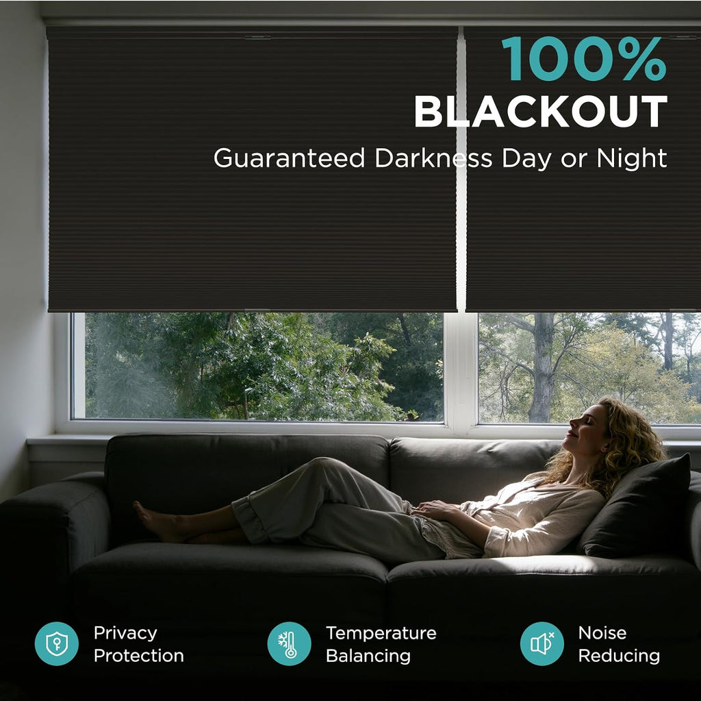 No Drill Blackout Cellular Shades, Brown, 22" W x 64" H | Cordless Top Down Bottom Up Blinds, No Drill Installation