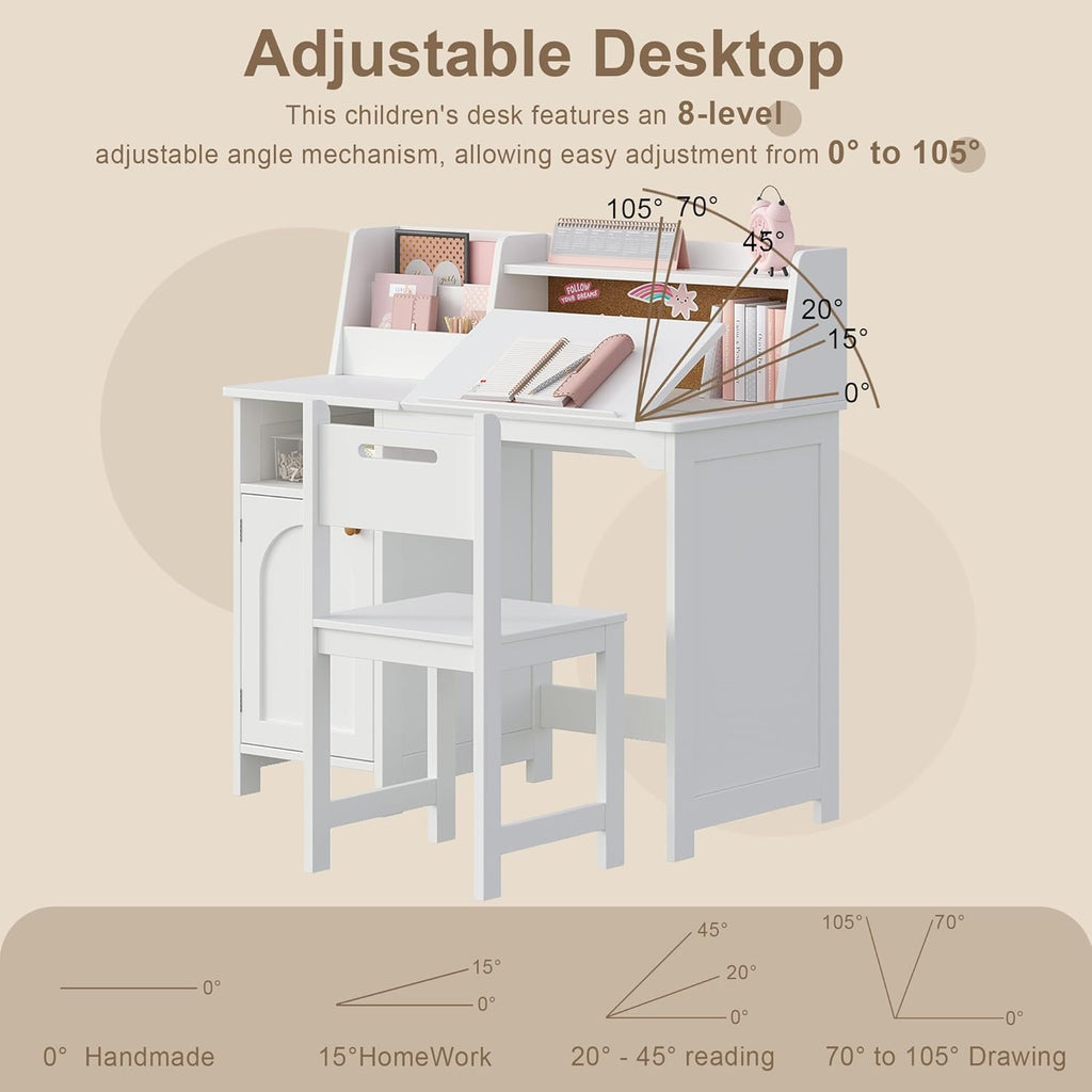 Kids Study Desk and Chair Set with Tiltable Desktop for 3-8 Years