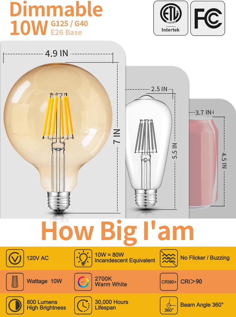 10W Dimmable G40 (G125) Large LED Globe Bulb, 2700K Warm White, E26
