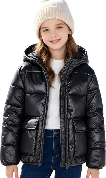 Girls Winter Coat Metallic Shiny Hooded Puffer Jacket