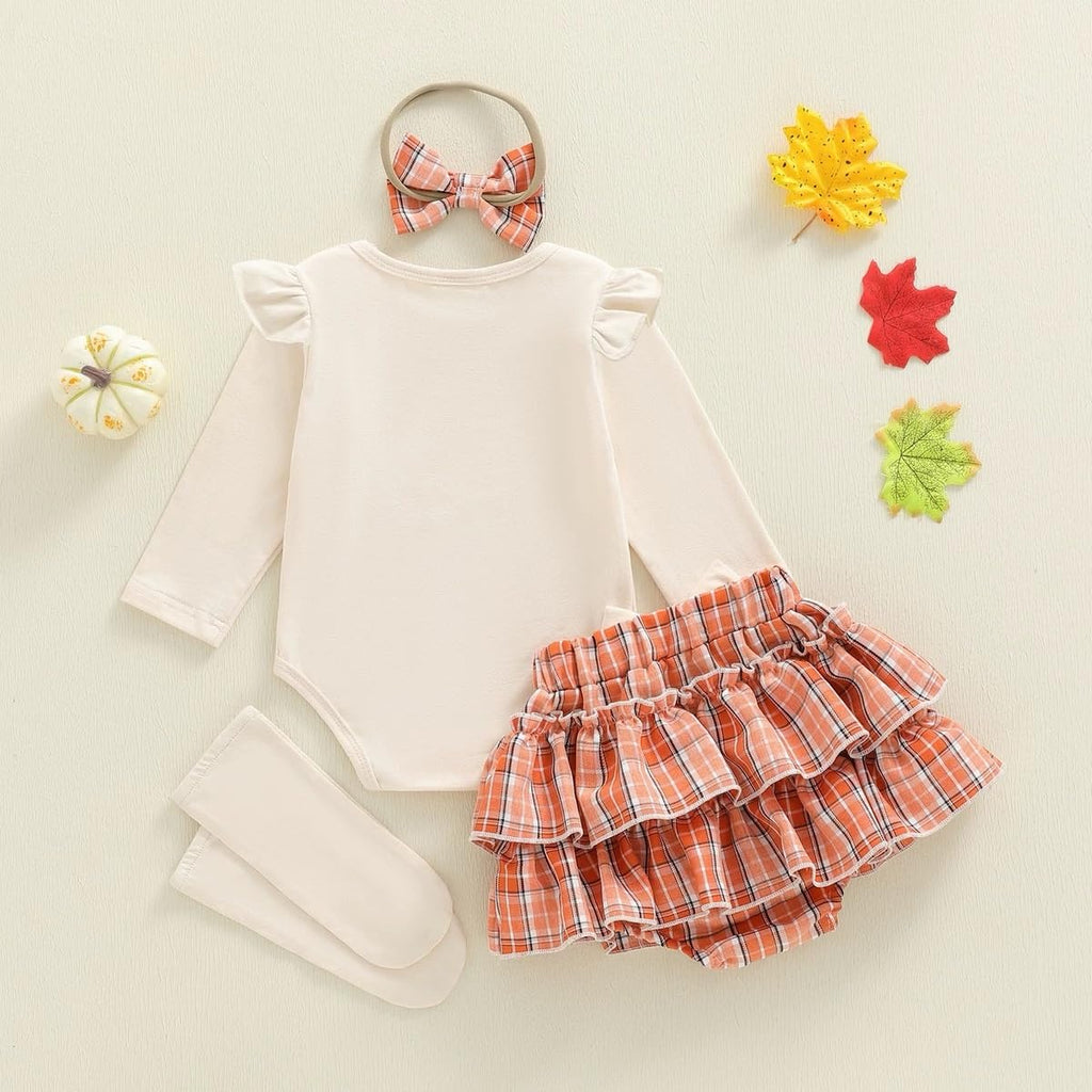 My First Thanksgiving Baby Girl Outfit Turkey Romper Ruffle Layered Shorts Headband Socks Cute Fall Clothes (My 1st