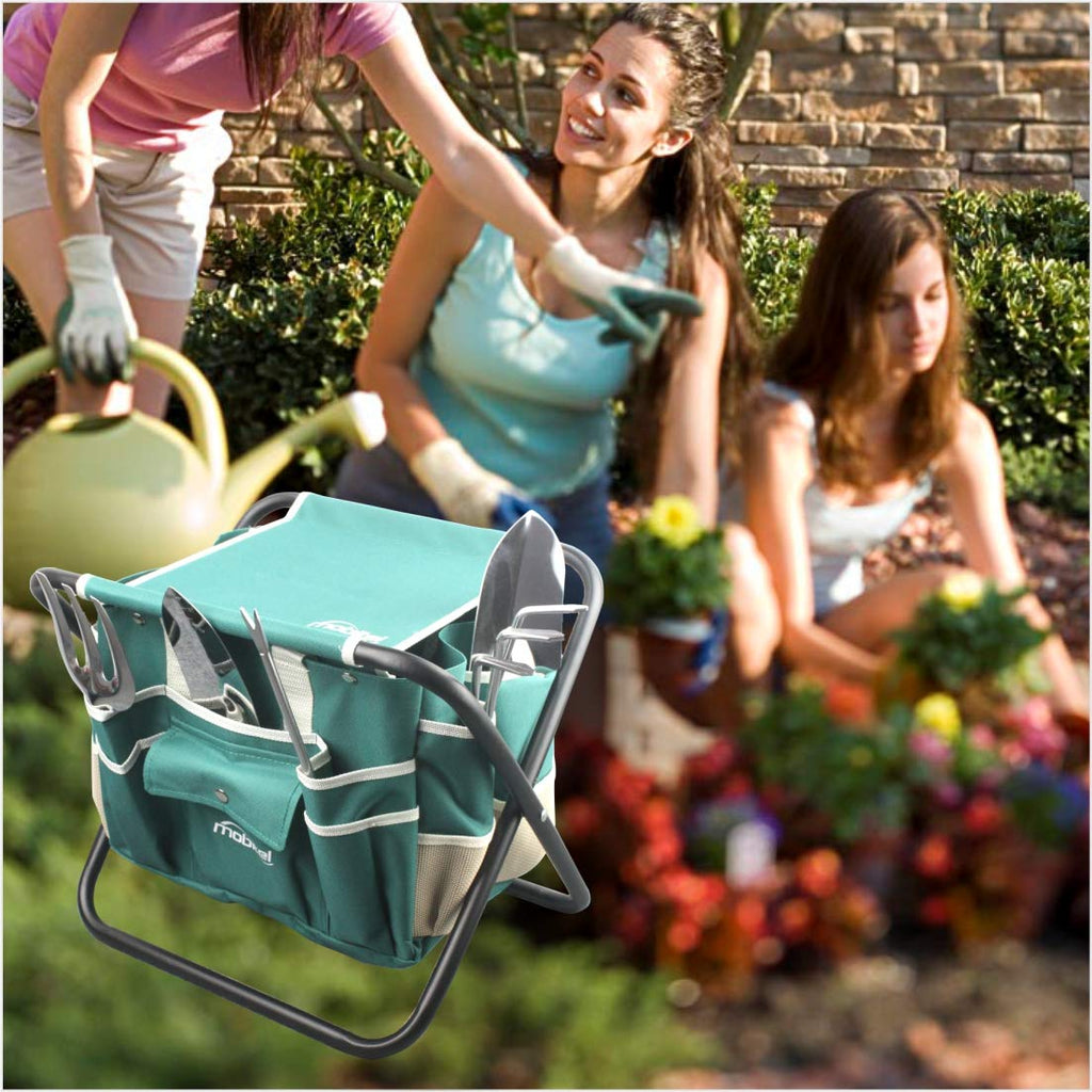 Garden Tools Sets- Heavy Duty Gardening Gift Tool Kit Including Folding Stool with Tool Bag 5 Sturdy Stainless Steel