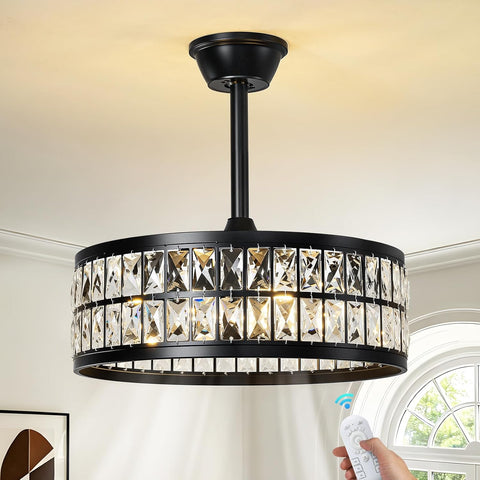 Black Caged Ceiling Fan with Light and Remote 19 Inch Modern Crystal Fandelier Ceiling Fan with Light Semi Flush