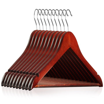 10 Cherry Wooden Suit Hangers - Premium Lotus Wood with Notches & Chrome Swivel Hook for Dress Clothes, Coats